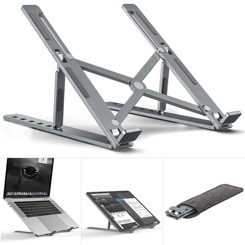 Laptop stand folded flat with its protective carrying cover and storage box