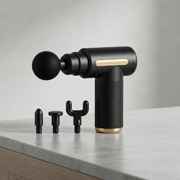 Massage gun shown with its set of interchangeable massage head attachments