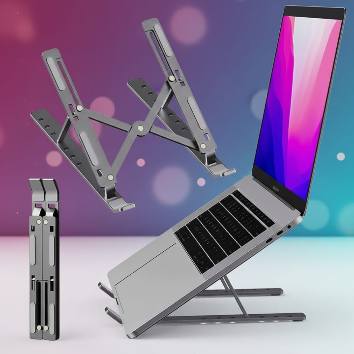 Adjustable foldable aluminum laptop stand holding a laptop on a desk
