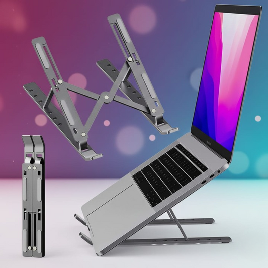 Adjustable foldable aluminum laptop stand holding a laptop on a desk