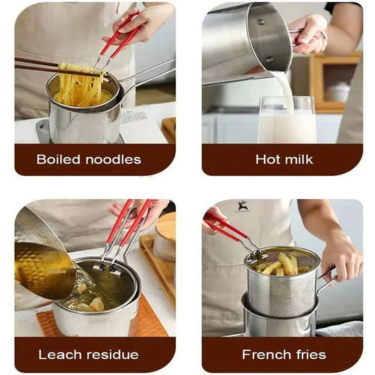 Stainless steel deep fryer pot with mesh strainer basket for home frying